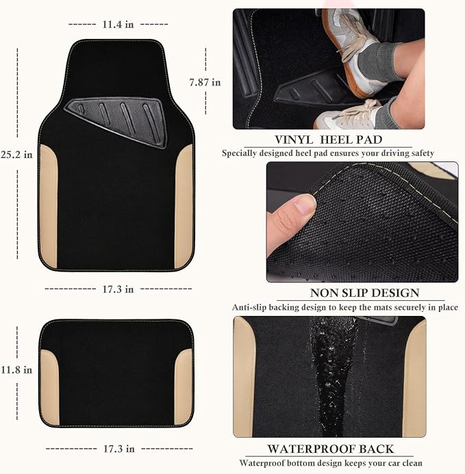 CAR PASS Waterproof Car Floor Mat, Universal Fit Car Mats with Driver Heel Pad, Leather Car Carpet, Anti-Slip Nibbed Backing Floor Mats for SUV, Vans,Sedan,Truck, Automotive Floor Mats (Black Beige) - Image 2