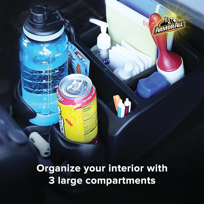 Armor All Car Console Organizer, Car Seat Organizer with 2 Adjustable Cup Holders, 3 Large Storage Compartments, Seatbelt for Secure Hold, Vehicle Middle Seat Organizer for Cars, Trucks, Minivans - Image 4