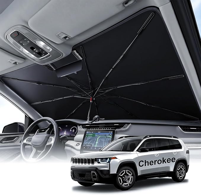 2026 Upgraded Windshield Sun Shade Umbrella for Jeep Cherokee [Precision Custom Fit, Superior UV & Heat Block] Cooling Tech Fabric, Durable Foldable with Storage Bag, Fits 2000-2001, 2014-2023 by Unknown