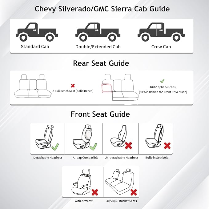 Huidasource Fit for Truck Seat Covers Chevy Silverado/GMC Sierra, Chevrolet Seat Covers, 1500 2007-2013&2019-2026, 2500HD 3500HD 2020-2026 Crew Double Extended Cab, Thickened Nappa Leather Black&White - Image 9