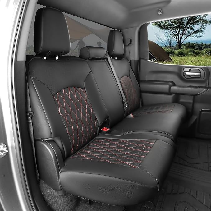 Silverado Seat Covers for 2014-2018 Chevy Silverado/GMC Sierra 1500/HD 2500/3500 CrewCab Pickup Seat Cover,Fully Covered,Waterproof Truck Leather Seat Protector(Full Set,Black/Red) - Image 4