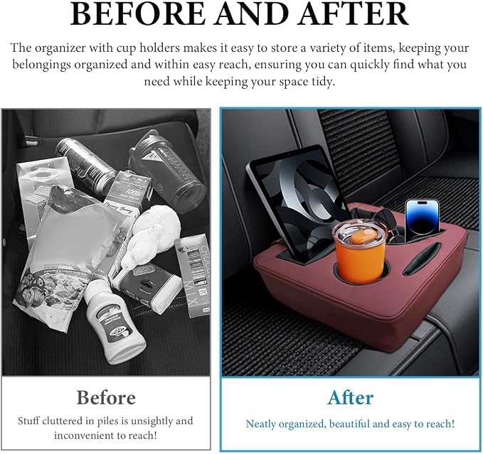 Car Back Seat Organizer, Leather Automotive Rear Seat Couch Cup Holder Expander Tray, Vehicle Cup Holder Tray Holds Snacks Remotes Phones for Truck RV Boat Couch Pillow Bed (Wine Red) - Image 4