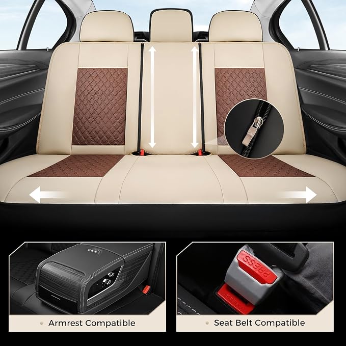 Coverado Car Seat Covers Full Set, Beige Brown Car Seat Covers, Luxury Diamond Leather Car Seat Cover with Carbon Fiber Weave, Spill-Proof Seat Cushions, Automotive Seat Cover Universal Fit Most Cars - Image 2