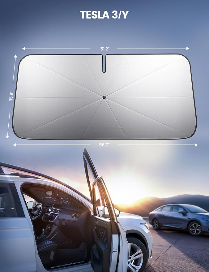 Tesla Model 3/Y Foldable Windshield Sunshade Umbrella UV Block 10-Rib Frame | Foldable 10-Rib Umbrella, 5 Layers UV Block Coating, Window Heat Insulation Protect for 2017-2026 Tesla Model 3/Y Accessories - Image 6