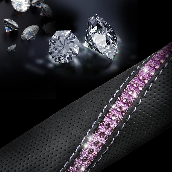 CAR PASS Bling Diamond Black Leather Steering Wheel Cover, Studded Crystal Rhinestones Universal Fit 14" 1/2-15" Glitter for Women Sparkle Girl Fit Suvs,Vans,Sedans,Car,Trucks, Purple Diamond - Image 7