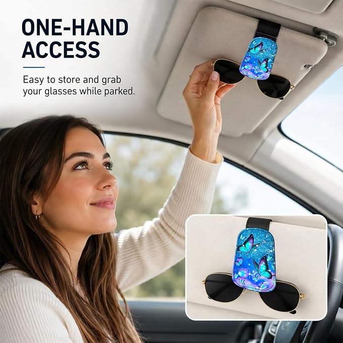Leather Magnetic Sunglass Holder for Car Sun Visor, Cute Eyeglass Ticket Card Hanger Clip, Universal Auto Interior Accessories for SUV Pickup Truck, Pastel Butterfly - Image 2