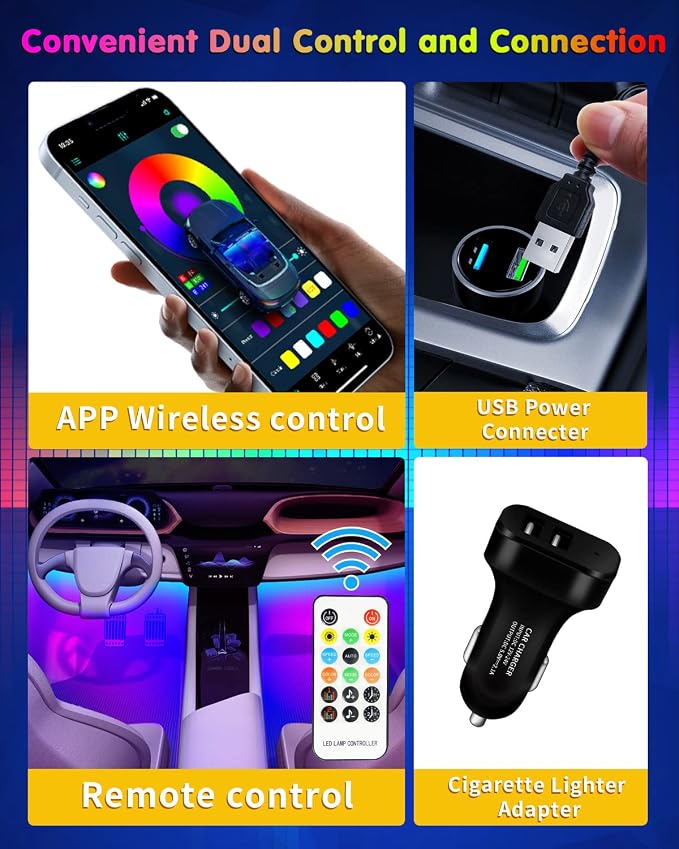 RGB 48 LED Interior Car Strip Lights with Smart APP Control, 2 Lines Design | Music Sync Under Dash Footwell Neon Internal Lighting,12V LED Strip Lights for Cars, Trucks, SUVs with Car Charger(1 Set) - Image 4