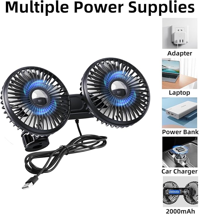 ELOHEI 12V Quiet 3 Speed 360° Rotate Dual Head Backseat Car Fan | Usb Car Fans Strong Wind Power for Universal Cars SUV Sedan Trucks(Black) - Image 4