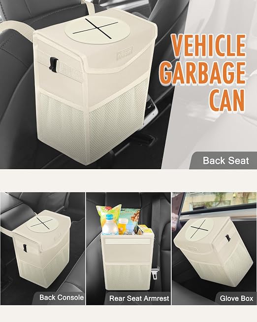 Pritent Car Trash Can with Lid Leakproof Car Garbage Bag Vehicle Trash Bin | Hanging Automotive Garbage Can,Multipurpose Car Accessories for Women Men Interior Car Storage Organizer(2 Gal,Ivory) - Image 6