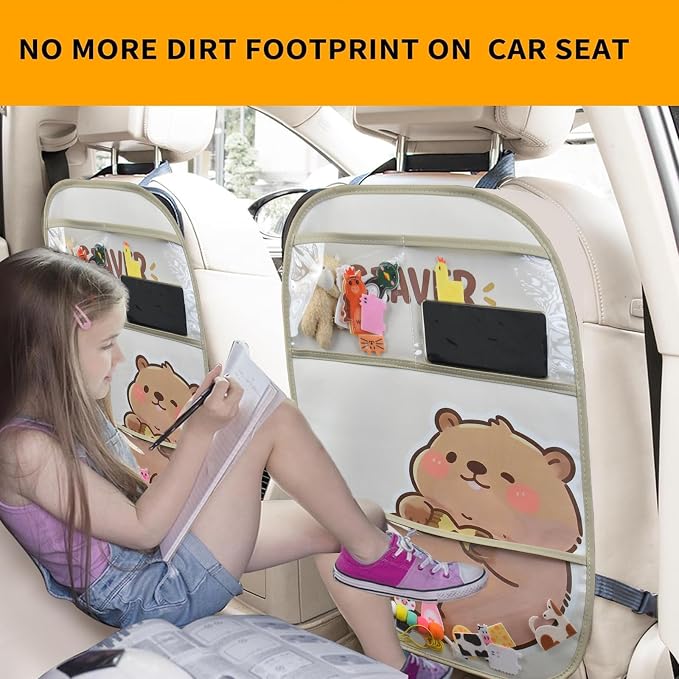 kids Leather Car Backseat Organizer with Foldable Table Tray, Car Storage Organizer with Tablet Holder, Car Seat Back Protectors Kick Mats, Travel Accessories (Beaver) - Image 5