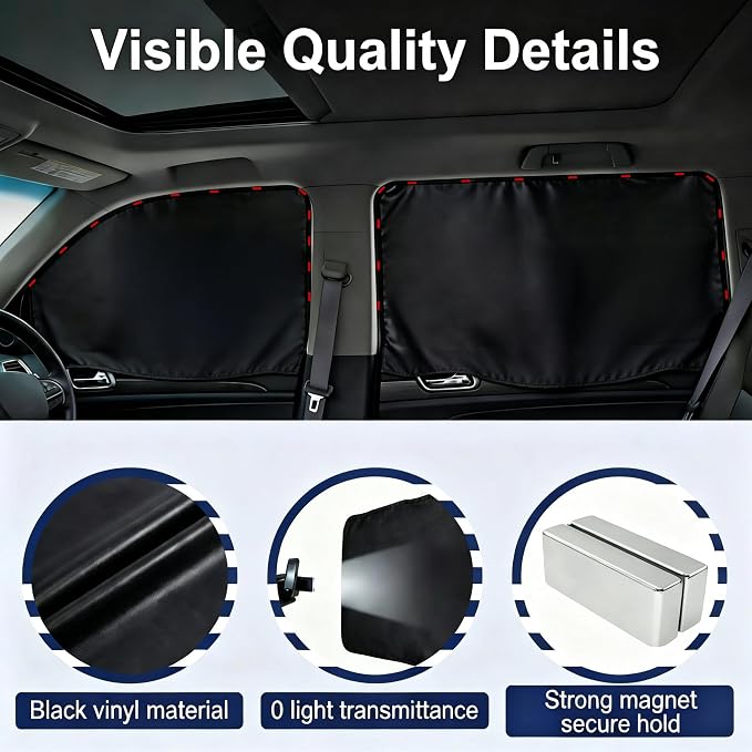 XCBYT Magnetic Car Window Shades for Side Window, 100% Blackout Privacy | 4-Pack 100% blackout privacy & UV cooling for camping & naps. Magnetic attach (iron frames only) for up to 33-inch windows - Image 5