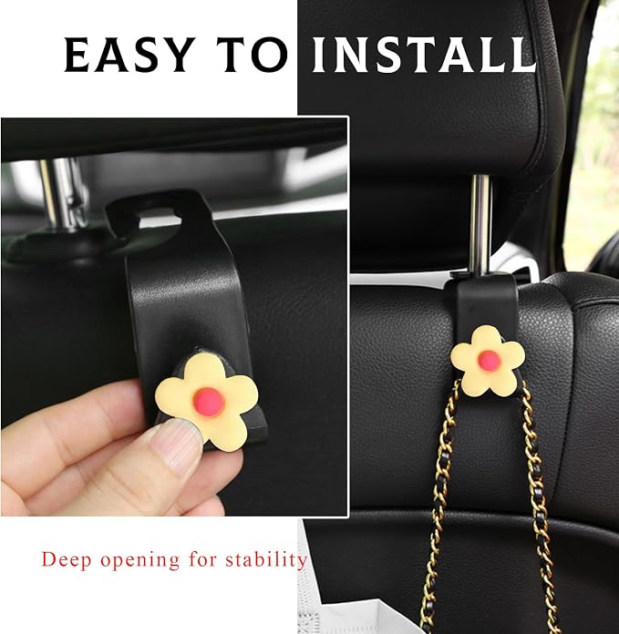 Yourkar 4 PCS Car Seat Headrest Hook, Plastic Headrest Hooks with Adhesive Flower, Auto Back Seat Hanger Storage Hook for Grocery Bag Purse Handbag Umbrella, Car Accessories (Light Yellow) - Image 4