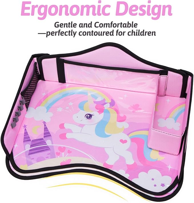 Kids Travel Tray for Car, Girl's Safety Seat Table | Weight-Relief Strap, Non-Skid Silicone Base, Waterproof Dining/Craft Mat, Carseat/Airplane Lap Desk - Image 3