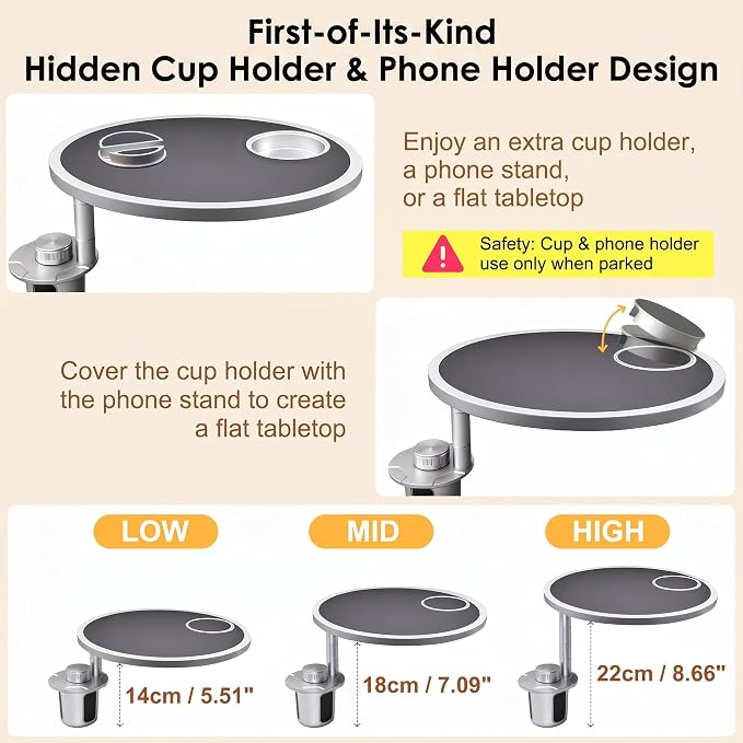 Car Desk for Laptop 360° Rotating Tesla Tray with Cup Holder Phone Stand | Adjustable Height Car Table Tray Car Accessories Compatible with Model 3/Y/S Ford Vehicles, Fits Round Cup Holder 2.28"-3.66" - Image 7