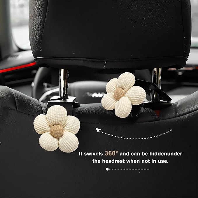 4 PCS Car Seat Headrest Hooks, Cute Flower Vehicle Backseat Hanger Storage Hook, Portable Auto Seat Back Holder Hanging Organizer for Purse Grocery Bag Cloth (White) - Image 3