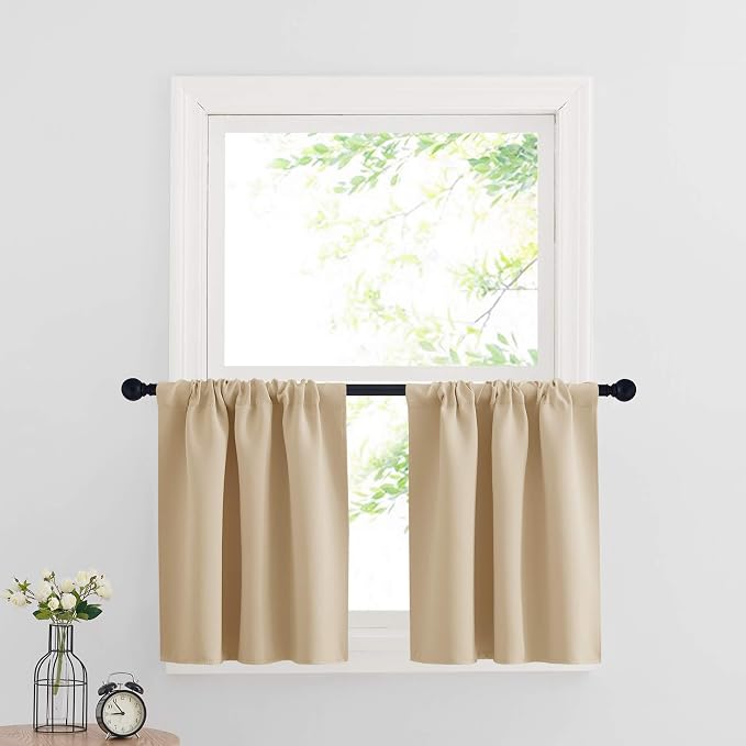 RYB HOME Cafe Curtains 24 inch Length, Mini RV Curtains for Camper Windows | Temperature Regulating,Light UV Blocking,Privacy Protection,Short Small Half Window Tiers,W42 x L24,Biscotti Beige,2 Panels by RYBHOME