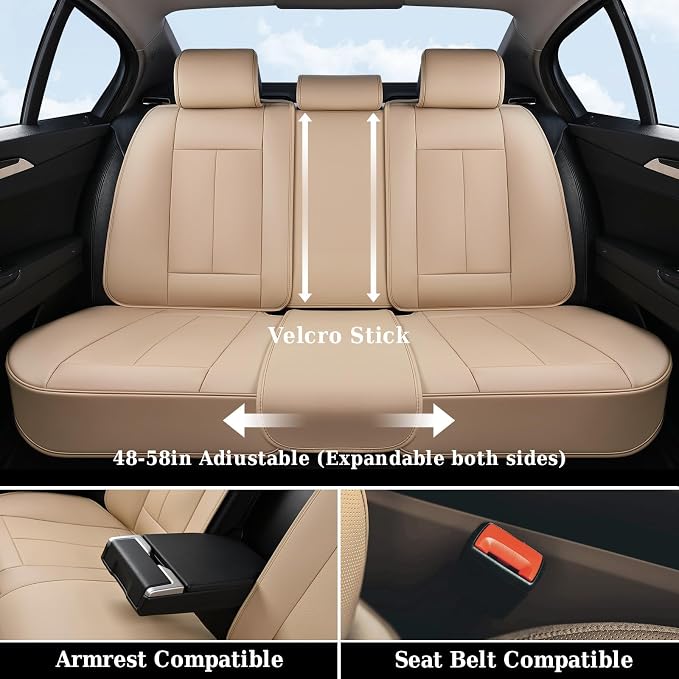 Coverado Car Seat Covers Full Set, Seat Covers Waterproof, Nappa Leather Seat Covers for Cars, Front and Back Car Seat Protector, Breathable Seat Cushion, Seat Cover Universal Fit Most Cars(Beige) - Image 3