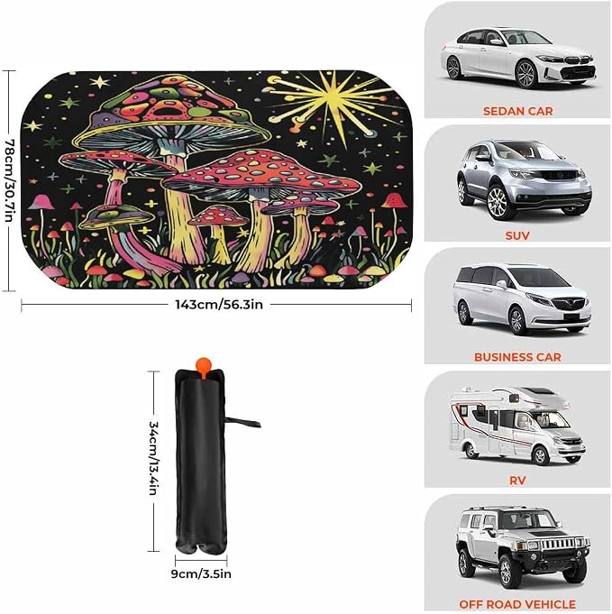 Retro 70's Psychedelic Hippie Car Windshield Sun Shade Foldable Umbrella Auto Sunshade for Car Truck SUV-Blocks Sun Visor Protector-Keeps Your Vehicle Cool - Image 3