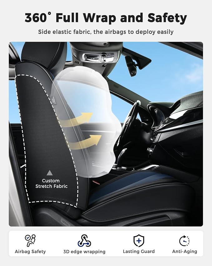 Huidasource Universal Car Seat Covers, Waterproof Faux Leather, Airbag Friendly, Easy Installation, Unobstructed Cup Holders, Scratch Resistant for Family Trips, Black & Blue - Image 4