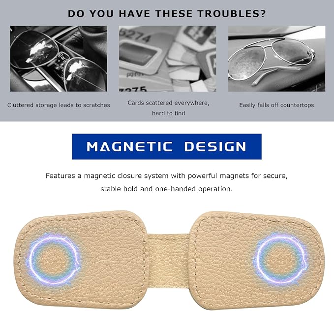 Sunglass Holder for Car, Magnetic Leather Glasses Holder Auto Ticket Card Clip, Sun Visor Eyeglass Hanger Interior Accessories for Sedan Truck SUV, Car Accessories (Beige) - Image 5