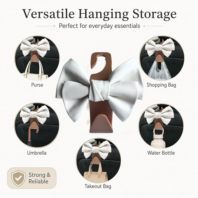 2-Pack Cute Bow Car Purse Hooks, Headrest Hangers, White brown | Cute bow hooks keep purses and bags organized within reach while saving space; fits most car headrests - Image 3