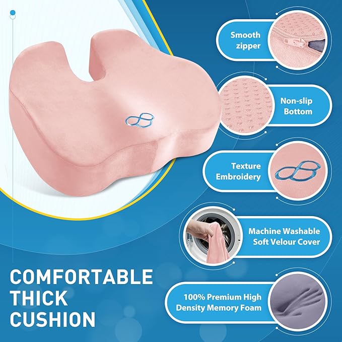 BlissTrends Memory Foam Seat Cushion for Office Chair & Car Seat, Pink | Ergonomic Tailbone & Sciatica Support with Removable Velvet Cover for Pressure Relief and Long Sitting Comfort, 3.3" Thick - Image 4