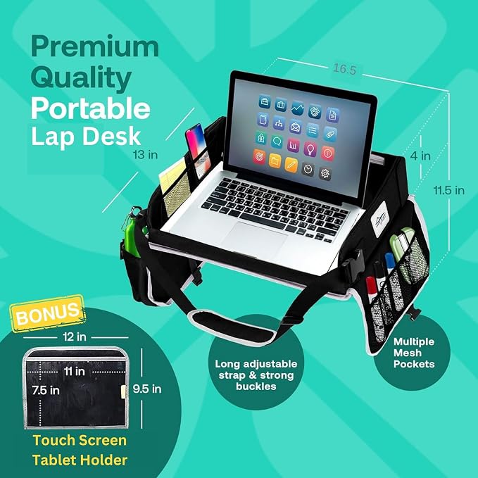 Travel Lap Desk, Portable Lapdesk for Car, Remote Work, Road Trips, School, Laptop Pad with Storage Pocket, Tablet Holder, Shoulder Strap, Fits up to 15.6-Inch Laptop (Black) - Image 4