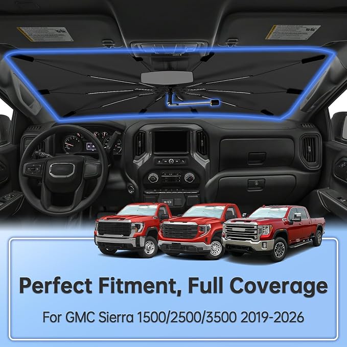 Windshield Sun Shade Umbrella for GMC Sierra 1500 2500 3500 2019-2026 | Foldable Car Sunshade, 360 Rotation Automotive Interior UV Protection for Outdoor Parking, Keep Car Cool - Image 2