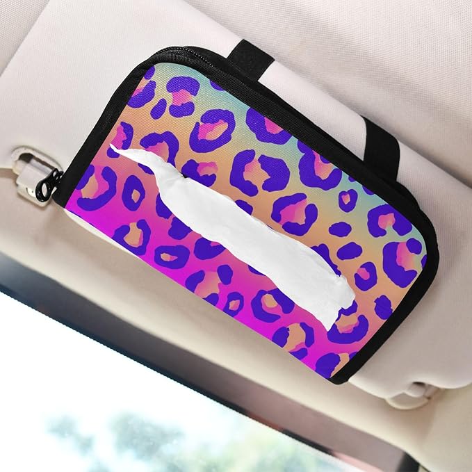 Car Tissue Holder Car Napkin Holder Tissue Box Dispenser Storage Case Sun Visor Mask Holder Accessories with Adjustable Straps Reusable Refillable Neon Gradient Leopard Print - Image 7