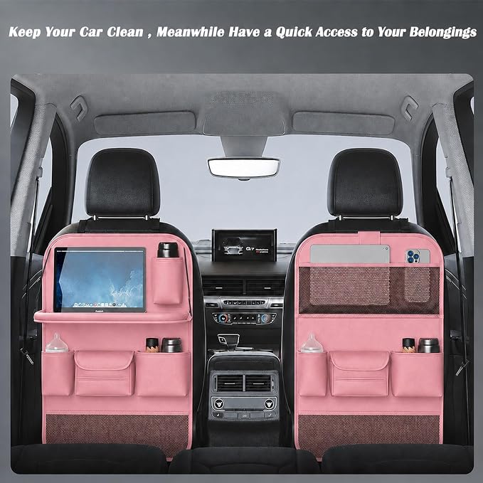 2 Pack Leather Car Backseat Organizer with Foldable Table Tray, Universal Car Seat Back Protector Kick Mat with Touchscreen Tablet Holder, Storage Pockets, Cup Holders & Tissue Holder, Pink - Image 3