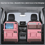 2 Pack Leather Car Backseat Organizer with Foldable Table Tray, Universal Car Seat Back Protector Kick Mat with Touchscreen Tablet Holder, Storage Pockets, Cup Holders & Tissue Holder, Pink - Image 3