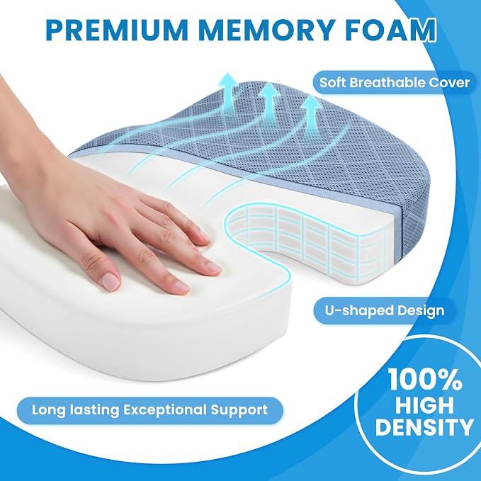 Memory Foam Office Chair Seat Cushion - Light Blue, X-Large | for Car Seat, Airplane, Desk Chair - Sciatica & Hip & Coccyx Pain Relief Cushion for Long Sitting Office Workers, Car Drivers - Image 3