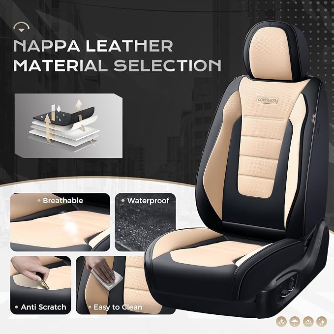 Coverado Car Seat Covers Front, Seat Covers for Cars, Waterproof 2-Pack Car Seat Cushions, Leather Carseat Seat Protectors, Universal Seat Covers Fit for Most Sedans SUV Pick-up Trucks(Black&Beige) - Image 2