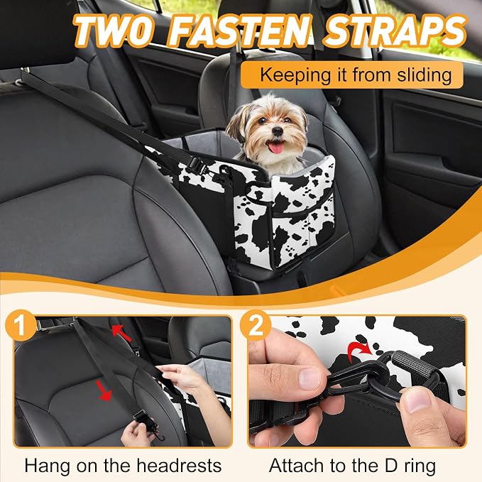 Portable Dog Car Seat for Small Dogs, Puppy Car Seat, Cow Pattern | Booster Seat With Safety Leash & Adjustable Straps Keeps Small Dogs Secure. Removable Washable Cushion. Fits Most Cars. - Image 5