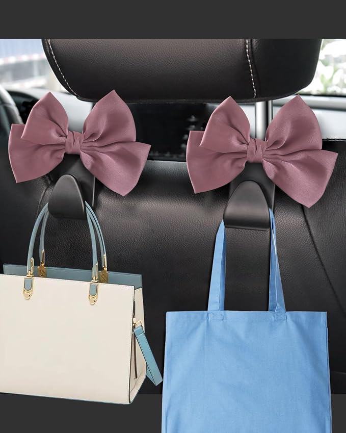 2 Pack Car Purse Hooks, Headrest Hooks for Cars, Leather pink | Car Bag Hanger for Groceries, Coats, Umbrellas and Daily Essentials, Bow-Shaped Car Interior Organizer for Handbags and Bags - Image 2