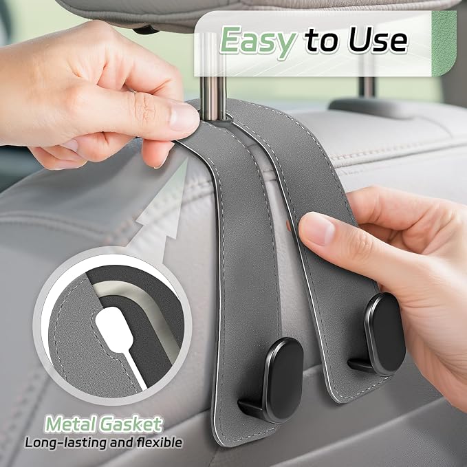 Car Seat Headrest Hooks, 4PCS Universal Car Purse Hook Leather Car Bag Hook | Gray Car Bag Purse Holder with Double Metal Hooks for Handbags, Grocery Bags, Bottles, Phones - Image 3