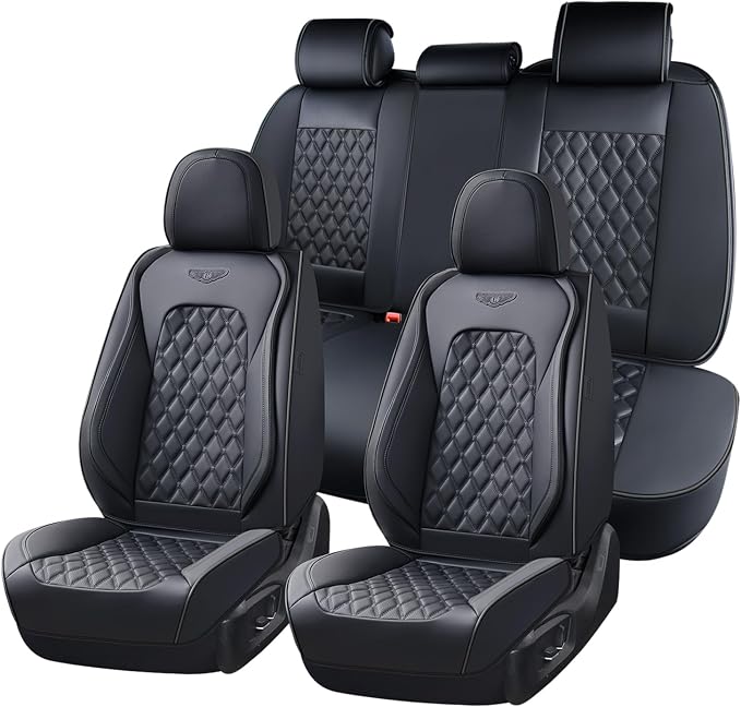 Coverado Full Set Car Seat Covers, Black Leather Seat Protectors, Luxury Front & Back Car Seat Covers,Waterproof Universal Fit, Automotive Seat Covers for Most Cars-Black by COVERADOAUTO