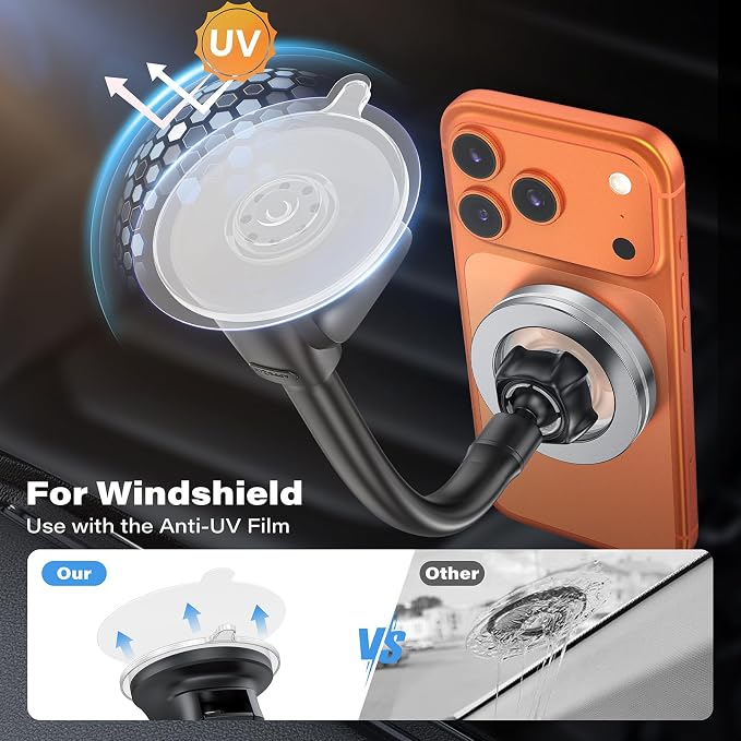MagSafe Car Phone Mount with One-Button Suction Cup Lock | Strong Suction Cup with One-Button Lock Mounts to Dashboard or Windshield; Fits Iphone 12-17 and MagSafe-Compatible Phones - Image 3