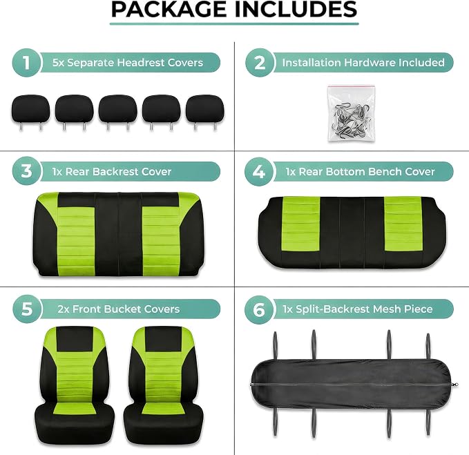 FH Group Automotive Car Seat Covers Full Set Premium 3D Air Mesh Front Seat Covers, Airbag Compatible & Split Bench Cover Universal Fit Interior Accessories for Cars Trucks and SUVs - Green - Image 7