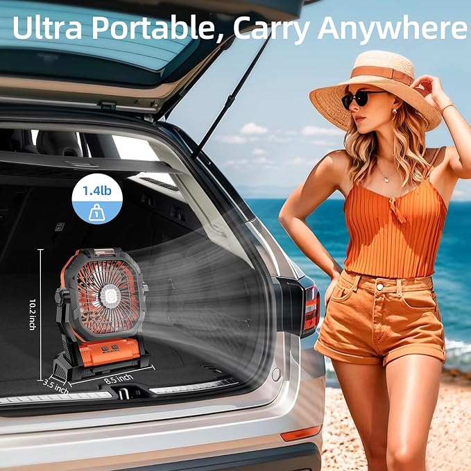 Camping Fan Rechargeable, 20000mAh Battery Powered Portable Fan with LED Light, 4-Speed 180° Adjustable, Camping Essentials for Tent, Travel, Car, Outdoor, Indoor, BBQ, Fishing, Jobsite - Orange - Image 7
