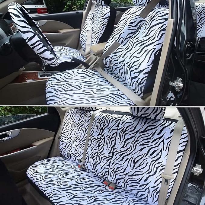 AUTOFAN Zebra Car Seat Covers for Full Set with 2 Seat Belt Pads & Universal 15 Inch Steering Wheel Cover Fit for Cars, Trucks, SUV, or Van - Image 4