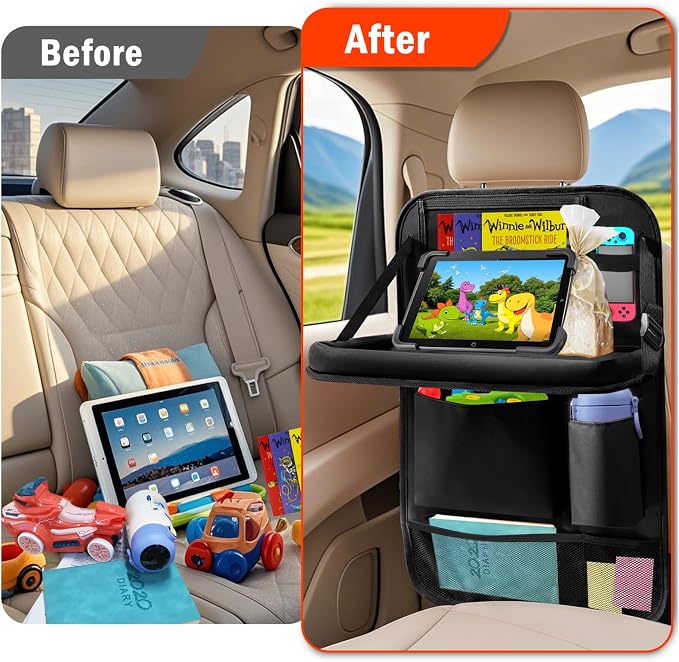 Car Backseat Organizer with Tablet Holder,6 Storage Pockets Car Storage Organizer with Foldable Food Tray,Kick Mats Backseat Protector Travel Accessories (Black) - Image 8