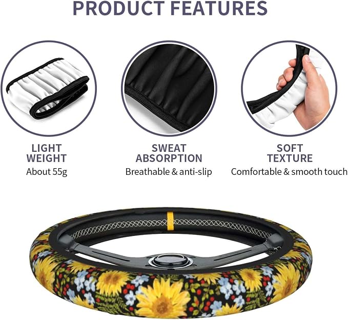 Steering Wheel Cover Sunflower Car Accessories + 2 Pieces Coasters | Universal 14-15 Inch Neoprene Auto Interior Decor Anti Slip Car Protector for Women Men - Image 4