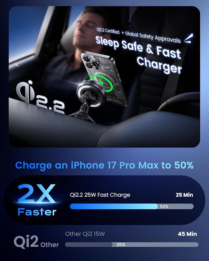 Qi2.2 25W Wireless Car Charger Magnetic Phone Holder Mount for Magsafe with Cooler for Air Vent (TEC), Wireless Fast Charger 25W for iPhone 16-17 Series with iOS 26,15W for iPhone 12-15 (Grey) - Image 6