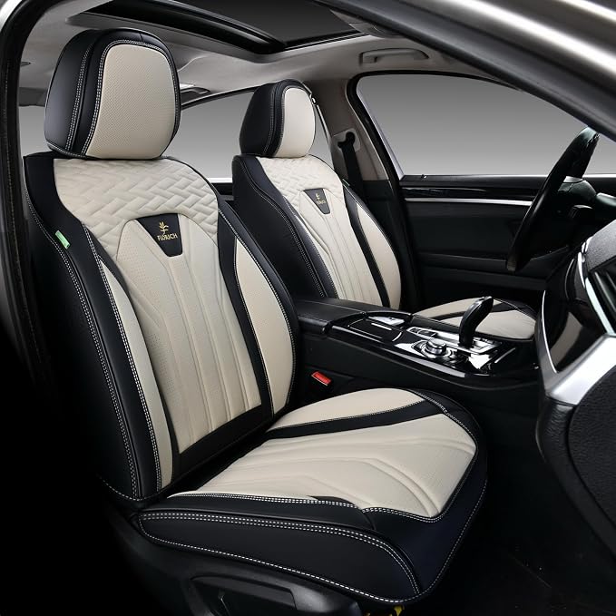 Leather Seat Covers, Seat Covers Full Set, Car Seat Protectors 5 Seats, Automotive Seat Covers Fit for Most Cars Trucks SUV- Black&Beige - Image 2