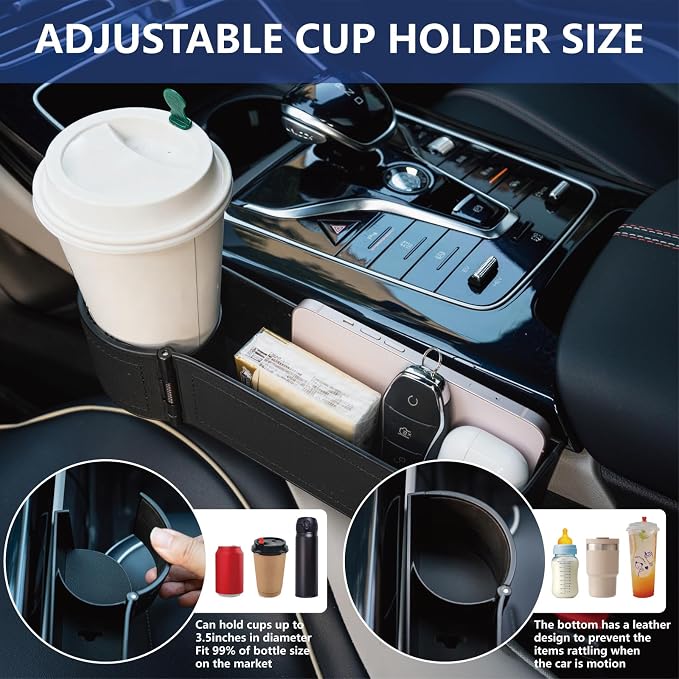 Car Seat Gap Filler Organizer,2 Pack Car Leather Cup Holder Gap Bag,Car Seat Storage Box with Cup Holder Expander,Car Organizer Front Seat for Holding Phone, Glasses, Keys, Cards (Black) - Image 4