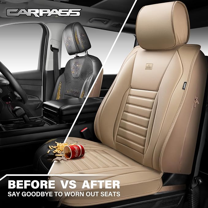 CAR PASS Nappa Leather Car Seat Covers Front Seats, Luxury Seat Protector for Cars, Waterproof Anti-Slip Seat Cushion Airbag Compatible Universal for Sedan SUV Pick-up Truck Automotive Vehicle, Beige - Image 6