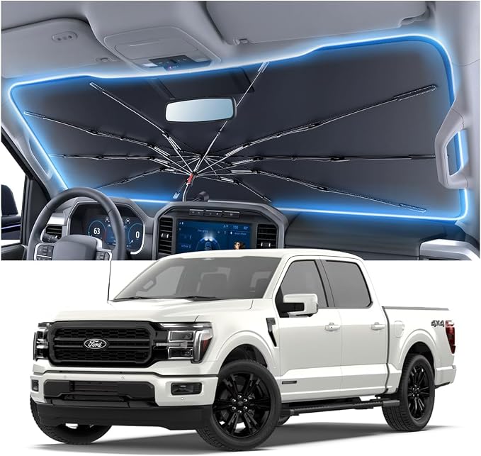 Windshield Sun Shade for Ford F150 2015–2026, Foldable Umbrella Sunshade with 100% UV Block, Multi-Layer Heat Insulation, Reinforced 10-Rib Frame, Keeps Car Cooler, Summer Car Accessory by Amadaw