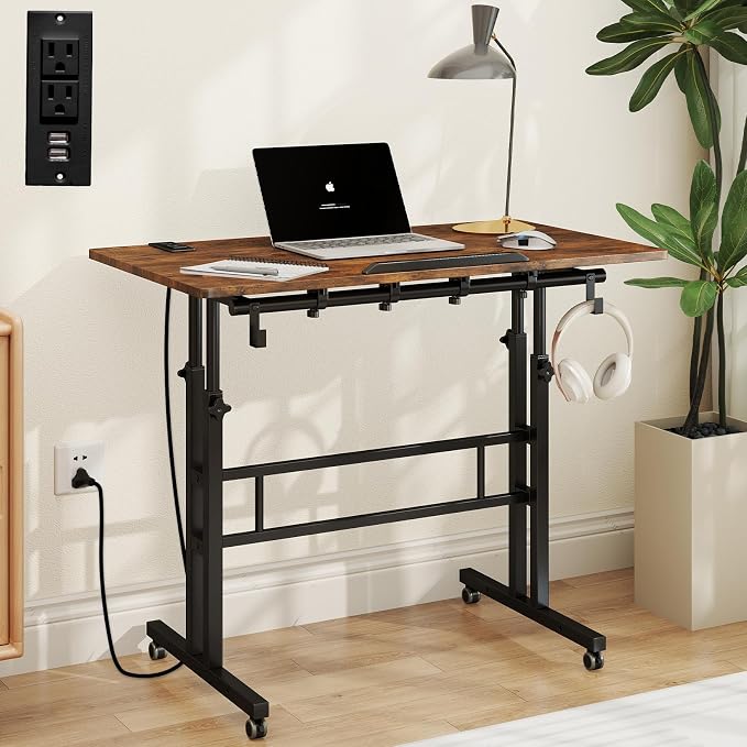 SIDUCAL Mobile Standing Desk with Charging Station, Portable Desk for Walking Pad, Adjustable Computer Workstation with Wheels, Office Table Stand with Tilted Desktop 23.62" D X 31.5" W Rustic Brown by SIDUCAL