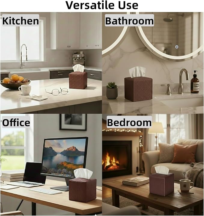 Tissue Box Cover 2-Pack, Square Tissue Holder with Bottom Belt, Modern Tissue Case Facial Paper Organizer Dispenser for Bathroom, Office, Home, Table, Car, Brown, Linen Pattern - Image 5